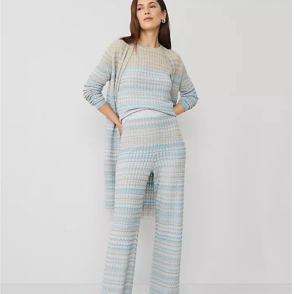 Ann Taylor Blue and Cream Patterned Pantsuit no sweater only top and flare pants